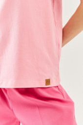 Pembe Oversize Rahat %100 Pamuklu Penye Bisiklet Yaka Kısa Kol Basic T-Shirt - 8