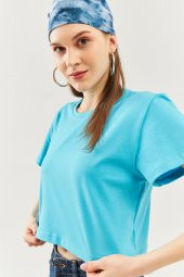 Aqua Oversize Rahat %100 Pamuklu Penye Bisiklet Yaka Kısa Kol Basic Crop T-Shirt - 8