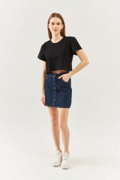 Siyah Oversize Rahat %100 Pamuklu Penye Bisiklet Yaka Kısa Kol Basic Crop T-Shirt - 6