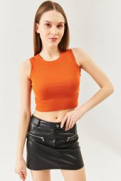 Kiremit Sıfır Kol Bisiklet Yaka Vucuda oturan %100 Pamuklu Kaşkorse Esnek Crop Bluz - 4
