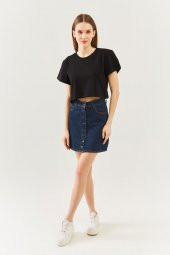 Siyah Oversize Rahat %100 Pamuklu Penye Bisiklet Yaka Kısa Kol Basic Crop T-Shirt - 7