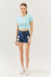 Aqua Kısa Kol Bisiklet Yaka Vücuda oturan %100 Pamuklu Kaşkorse Esnek Crop Bluz - 4