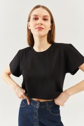 Siyah Oversize Rahat %100 Pamuklu Penye Bisiklet Yaka Kısa Kol Basic Crop T-Shirt - 8