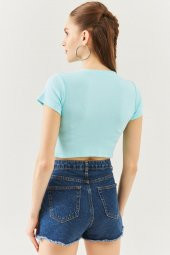Aqua Kısa Kol Bisiklet Yaka Vücuda oturan %100 Pamuklu Kaşkorse Esnek Crop Bluz - 5