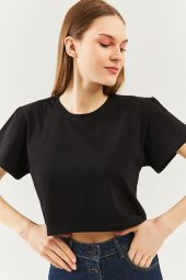 Siyah Oversize Rahat %100 Pamuklu Penye Bisiklet Yaka Kısa Kol Basic Crop T-Shirt - 9