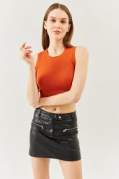 Kiremit Sıfır Kol Bisiklet Yaka Vucuda oturan %100 Pamuklu Kaşkorse Esnek Crop Bluz - 6