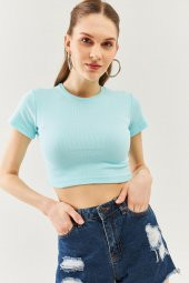 Aqua Kısa Kol Bisiklet Yaka Vücuda oturan %100 Pamuklu Kaşkorse Esnek Crop Bluz - 6