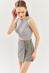 Gri Sıfır Kol Bisiklet Yaka Vucuda oturan %100 Pamuklu Kaşkorse Esnek Crop Bluz - 6