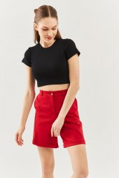 Siyah Kısa Kol Bisiklet Yaka Vücuda oturan %100 Pamuklu Kaşkorse Esnek Crop Bluz - 6