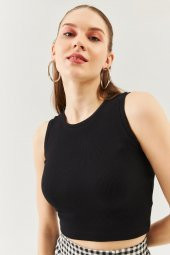 Siyah Sıfır Kol Bisiklet Yaka Vucuda oturan %100 Pamuklu Kaşkorse Esnek Crop Bluz - 8