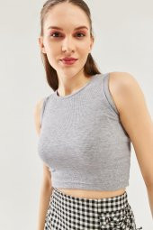 Gri Sıfır Kol Bisiklet Yaka Vucuda oturan %100 Pamuklu Kaşkorse Esnek Crop Bluz - 8