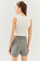 Beyaz Sıfır Kol Bisiklet Yaka Vücuda oturan %100 Pamuklu Kaşkorse Esnek Crop Bluz - 5