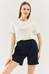 Lacivert Rahat %100 Pamuklu Penye Beli  Lastikli Bel Cepli Kısa Trendy  Kadın Şort - 3