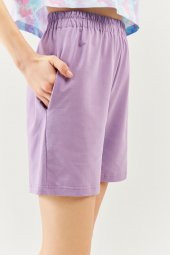 Lila Rahat %100 Pamuklu Penye Beli  Lastikli Bel Cepli Kısa Trendy  Kadın Şort - 7