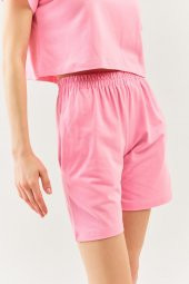 Pembe Rahat 100 Pamuklu Penye Beli  Lastikli Bel Cepli Kısa Trendy  Kadın Şort - 6