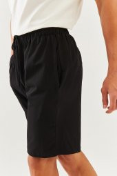 Siyah Rahat %100 Pamuklu Penye Bağcıklı Cepli Kısa Trendy Erkek Şort - 6