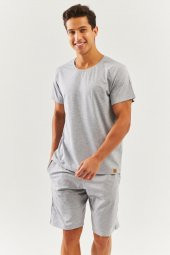 Açık Gri Oversize Rahat %100 Pamuklu Penye Bisiklet Yaka Kısa Kol Basic T-Shirt Classic Collection - 1