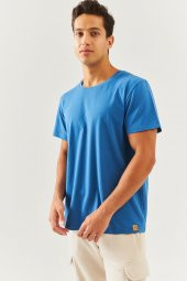 Mavi Oversize Rahat %100 Pamuklu Penye Bisiklet Yaka Kısa Kol Basic T-Shirt Classic Collection - 1