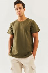 Haki Oversize Rahat %100 Pamuklu Penye Bisiklet Yaka Kısa Kol Basic T-Shirt  Classic Collection - 1