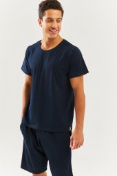 Lacivert Oversize Rahat %100 Pamuklu Penye Bisiklet Yaka Kısa Kol Basic T-Shirt  Classic Collection - 1