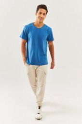 Mavi Oversize Rahat %100 Pamuklu Penye Bisiklet Yaka Kısa Kol Basic T-Shirt Classic Collection - 2