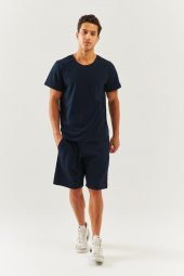 Lacivert Oversize Rahat %100 Pamuklu Penye Bisiklet Yaka Kısa Kol Basic T-Shirt  Classic Collection - 2