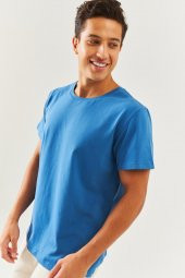 Mavi Oversize Rahat %100 Pamuklu Penye Bisiklet Yaka Kısa Kol Basic T-Shirt Classic Collection - 3