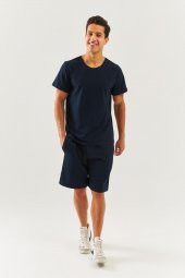 Lacivert Oversize Rahat %100 Pamuklu Penye Bisiklet Yaka Kısa Kol Basic T-Shirt  Classic Collection - 3