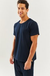Lacivert Oversize Rahat %100 Pamuklu Penye Bisiklet Yaka Kısa Kol Basic T-Shirt  Classic Collection - 4