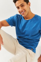 Mavi Oversize Rahat %100 Pamuklu Penye Bisiklet Yaka Kısa Kol Basic T-Shirt Classic Collection - 4