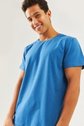 Mavi Oversize Rahat %100 Pamuklu Penye Bisiklet Yaka Kısa Kol Basic T-Shirt Classic Collection - 5