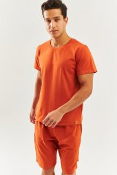 Kiremit Oversize Rahat %100 Pamuklu Penye Bisiklet Yaka Kısa Kol Basic T-Shirt Trendy Collection - 4