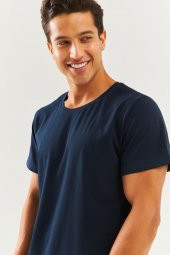 Lacivert Oversize Rahat %100 Pamuklu Penye Bisiklet Yaka Kısa Kol Basic T-Shirt  Classic Collection - 6