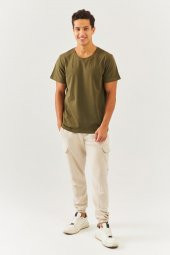 Haki Oversize Rahat %100 Pamuklu Penye Bisiklet Yaka Kısa Kol Basic T-Shirt  Classic Collection - 2