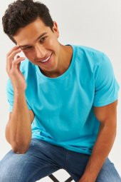 Aqua Oversize Rahat %100 Pamuklu Penye Bisiklet Yaka Kısa Kol Basic T-Shirt Trendy Collection - 5