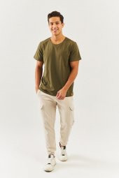 Haki Oversize Rahat %100 Pamuklu Penye Bisiklet Yaka Kısa Kol Basic T-Shirt  Classic Collection - 3