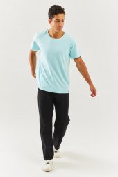 Buz Mavisi Oversize Rahat %100 Pamuklu Penye Bisiklet Yaka Kısa Kol Basic T-Shirt Trendy Collection - 2