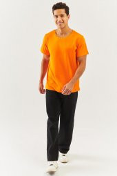 Turuncu Oversize Rahat %100 Pamuklu Penye Bisiklet Yaka Kısa Kol Basic T-Shirt Trendy Collection - 4