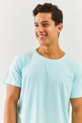 Buz Mavisi Oversize Rahat %100 Pamuklu Penye Bisiklet Yaka Kısa Kol Basic T-Shirt Trendy Collection - 5
