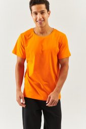 Turuncu Oversize Rahat %100 Pamuklu Penye Bisiklet Yaka Kısa Kol Basic T-Shirt Trendy Collection - 5