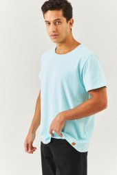 Buz Mavisi Oversize Rahat %100 Pamuklu Penye Bisiklet Yaka Kısa Kol Basic T-Shirt Trendy Collection - 6