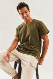 Haki Oversize Rahat %100 Pamuklu Penye Bisiklet Yaka Kısa Kol Basic T-Shirt  Classic Collection - 4