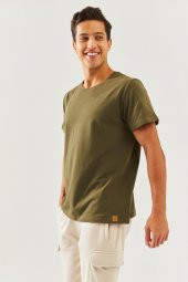 Haki Oversize Rahat %100 Pamuklu Penye Bisiklet Yaka Kısa Kol Basic T-Shirt  Classic Collection - 6
