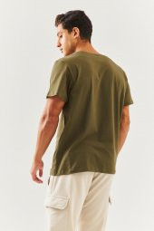 Haki Oversize Rahat %100 Pamuklu Penye Bisiklet Yaka Kısa Kol Basic T-Shirt  Classic Collection - 8