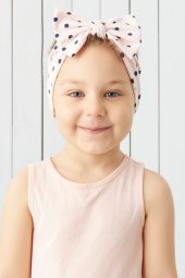 Pudra Siyah Puantiyeli El Yapımı Yumuşak Fiyonk Bağlamalı Doğal Pamuklu Penye Bebek Çocuk Kız Bandana BEST OF SERİSİ - 1