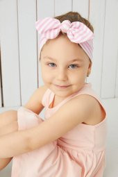 Pembe Beyaz Çizgili El Yapımı Yumuşak Fiyonk Bağlamalı Doğal Pamuklu Penye Bebek Çocuk Kız Bandana BEST OF SERİSİ - 1