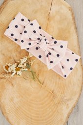 Pudra Siyah Puantiyeli El Yapımı Yumuşak Fiyonk Bağlamalı Doğal Pamuklu Penye Bebek Çocuk Kız Bandana BEST OF SERİSİ - 3