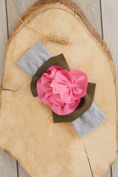 Gri Pembe El Yapımı Yumuşak Eşsiz Aksesuarlı Doğal Pamuklu Penye Bebek Çocuk Kız Bandana  ELMAS SERİ - 1