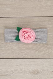 Gri Pembe El Yapımı Yumuşak Eşsiz Aksesuarlı Doğal Pamuklu Penye Bebek Çocuk Kız Bandana GÜL SERİSİ - 2