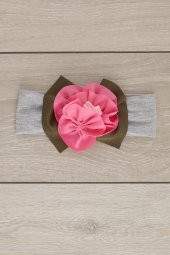 Gri Pembe El Yapımı Yumuşak Eşsiz Aksesuarlı Doğal Pamuklu Penye Bebek Çocuk Kız Bandana  ELMAS SERİ - 2